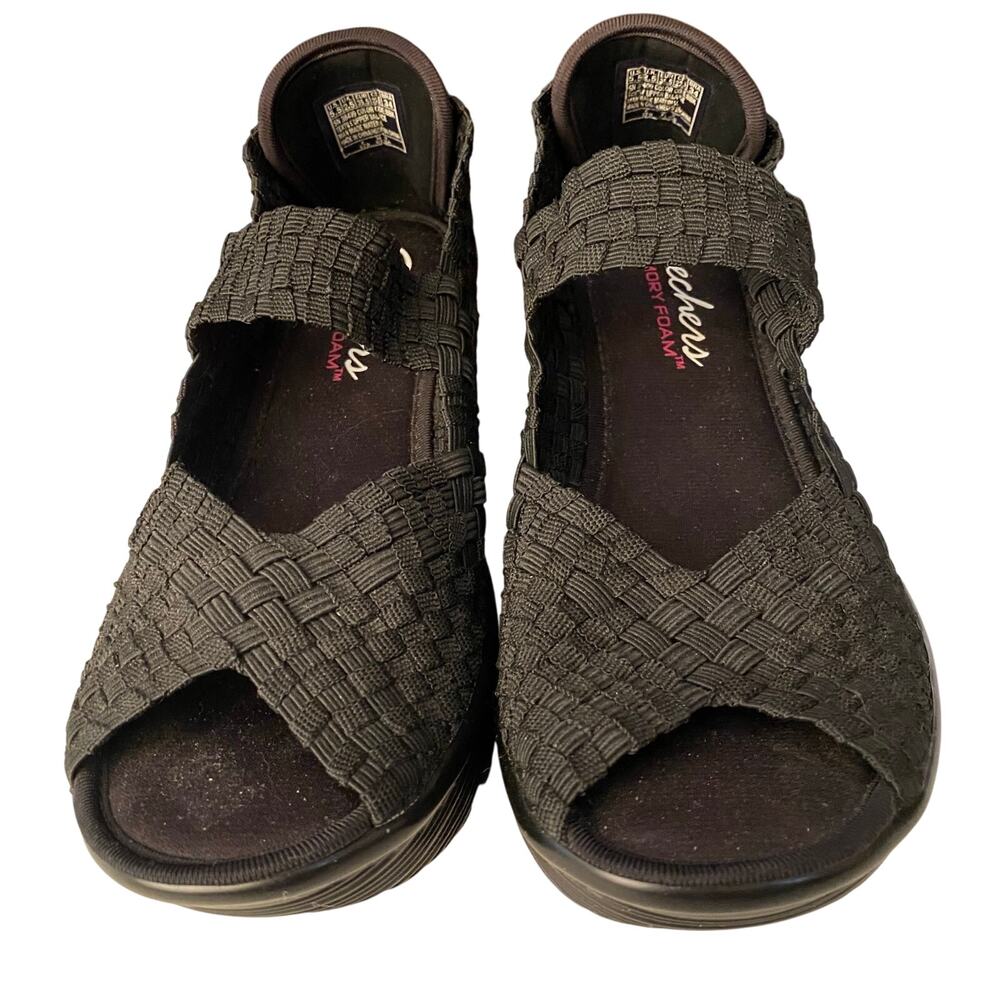 Skechers Memory Foam, Women Woven, MaryJane,Open Toe, Wedge, Sandal, 5.5, Black